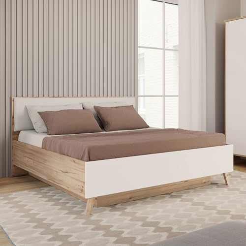 Forte VANKKA Bettgestell, Liegefläche: 160 x 200 cm, modernes Bett mit Polsterkopfteil, Doppelbett, Schlafzimmer, Holzwerkstoff, Planked Eiche Holzdekor, 167,4 cm breit x 94,2 cm hoch x 206,5 cm tief