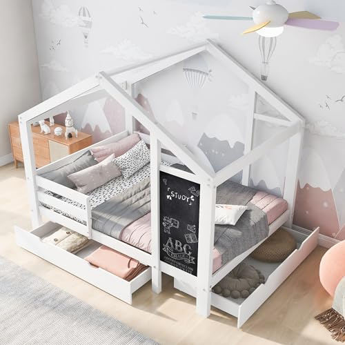 Merax Twin Size House Bed Wood Bedframe with Blackboard and 2 Drawers for Bedroom,Two Assembly Options