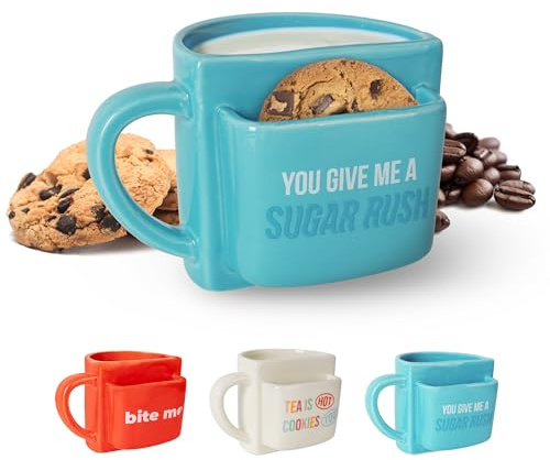 Fisura – Taza original para regalar “A sugar rush”. Taza de té azul con bolsillo para galletas. Mug para desayuno divertido. Copa de desayuno moderna. 316 ml de capacidad.
