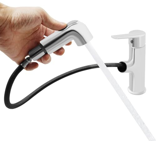 Waschtischarmatur ausziehbar mit Brause, Wasserhahn Bad Armatur mit 2 Strahlarten, Heiß- und Kaltwasser Einhebelmischer Waschbecken, G1/2, Silber