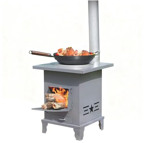 Heavy-Duty Wood Burning Stove with Chimney Pipe Portable Camping Stove for Outdoor Cooking Multi-Fuel Steel Wood Stoves for Tent Cabin Backyard