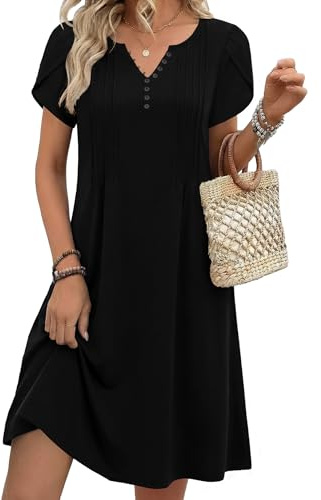 Zeagoo Sommarklänning dam ledig V-ringad kortärmad klänning elegant plisserad knälång klänning med knappar och fickor S-XXL