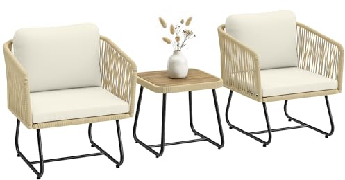 Outsunny Rattan Bistroset 3 Teiliges Akazienholz Stahlrahmen Cremeweiß
