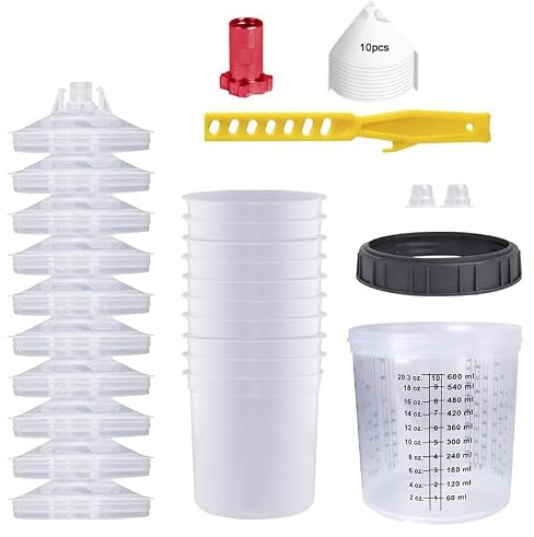 VOBOR Lot de 10 gobelets de mélange de couleurs jetables de 600 ml + 10 entonnoirs en papier + 1 adaptateur + agitateur, pour mélanger, appliquer et conserver les peintures, à base de solvant et d'eau