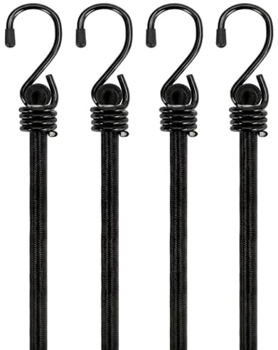 Boyfield Bungee Cords with Hooks - 4 Pack Black Elastic Bands & Bungee Straps (60x2cm). Heavy Duty Luggage Straps with 28kg Capacity. Premium Latex Bungee Cord for Securing Cargo