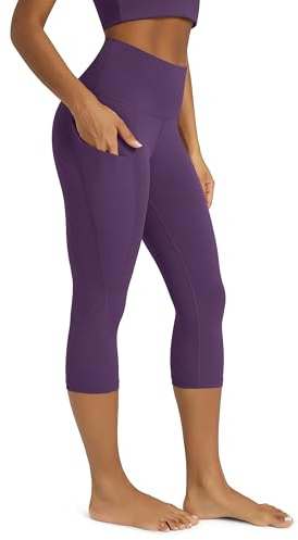 ODODOS Women's High Waisted Yoga Capris with Pockets,Tummy Control Non See Through Workout Sports Running Capri Leggings, DeepPurple,Medium