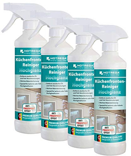 HOTREGA Küchenfronten-Reiniger Hochglanz 4x 500 ml | Fettlöser & | Anti-Fingerprint-Effekt | Streifenfreie Reinigung von Lack- + Folienflächen | Schmutzabweisend für Bad- & Wohnmöbel