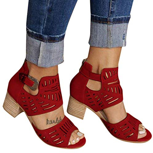IQYU Sandalias para mujer, irregulares, huecas, tacón medio, zapatos de verano, sandalias de ocio, hebilla peeptoe, sandalias de desgaste, sandalias romanas, antideslizantes, sandalias de fiesta,