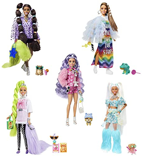 Barbie Extra-paket med 5 dockor, med exklusiv Barbie Extra-docka, 70 moderiktiga plagg och accessoarer, 5 husdjur, extra långt hår och flexibla leder För barn från 3 år - HHC58