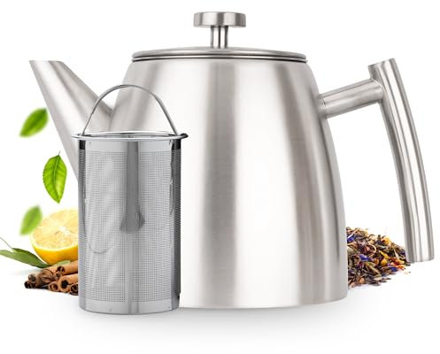 Vaja Trends Théière, 1L Gris à Double Paroi en Acier Inoxydable Théière avec Infuseur et Réchaud, Machine à Thé