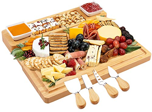 Charcuterie Boards and Knife Set - Bamboo Cheese Board - Wine Meat Cheese Tray Platter - Unique Housewarming Gifts, Anniversary Wedding Gifts for Couple, Bridal Shower Gift