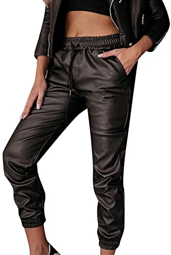 LOIJMK Pantaloni da donna Pantaloni in pelle PU Pantaloni in pelle sintetica Pantaloni casual monocromatici Leggings in pelle con tasche e coulisse regolabile Pantaloni da donna Temperamento