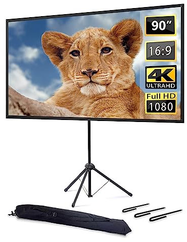 Schermo Proiettore con Treppiede, Schermo Proiettore 90 Pollici 16:9, 4K HD, Tela di Proiezione Portatile, Leggera e Compatta, Ideale per Home Theatre, Film all’interno e Esterno.