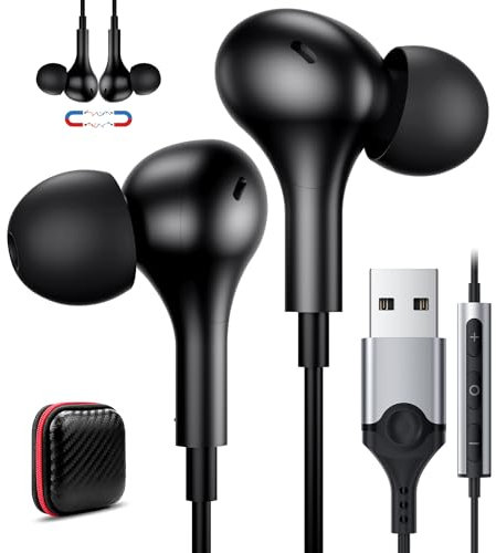 ACAGET USB Earphones for Dell Laptop, Wired USB Headset Computer Headphones with Microphone Magnetic in-Ear Teams Headset for PC Office Work Type A Headphone with Mic Meeting for Chromebook Laptop
