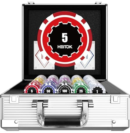 HEITOK Casino Poker Set 600 Chips mit Werten 11,5g | wasserdichte Spielkarten im Aluminiumkoffer | Für Texas Hold'em & Blackjack | Professionelles Kartenspiel