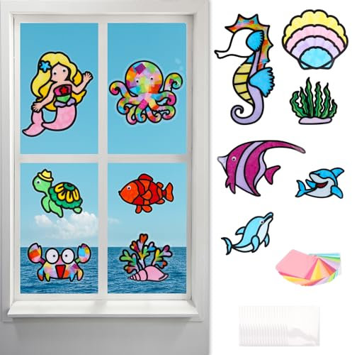 TGFIX 12 Stück Meerestier Papier Bastelset Kinder Ozeantiere Fensterbilder Bastelhandwerk Meer Fensterdeko Basteln Ozean Papier Schneiden Kreativset für Junge Mädchen Kindergeburtstag Sommer