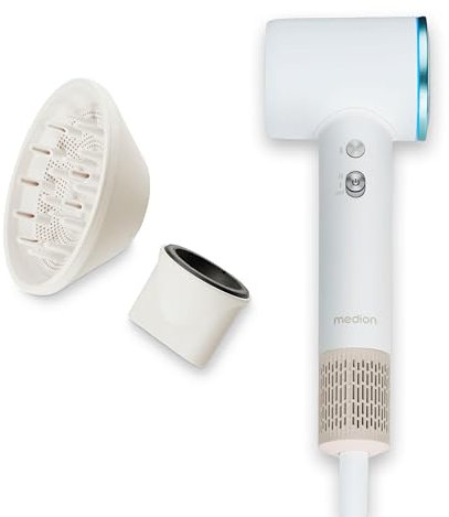 MEDION Föhn - Ionen Haartrockner mit Diffusor HD1 (1.600 Watt, Stylingdüse, magnetische Aufsätze, leise langlebiger BLDC Motor, LED Ringlicht, langes Netzkabel) Haarföhn in weiß