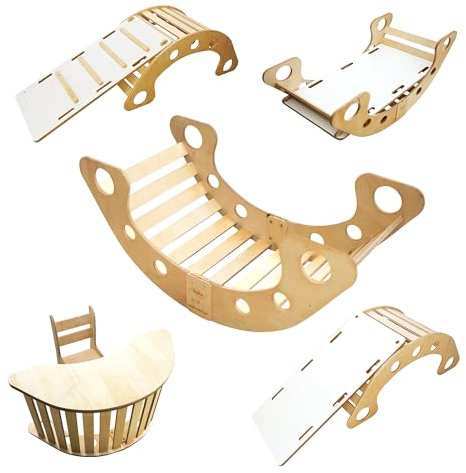 Kletterbogen Bogenwippe Holzwippe Montessori mit Rutsche Tischplatte Stuhl Spielzeug Kinder 5in1 Kletterbogen mit Rutsche Kletterwand Balanceboard Schreibtisch 80kG Mittlere Größe (Natürlich)