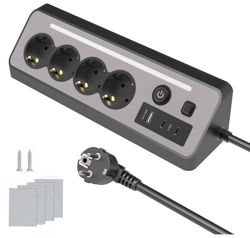 KS Regleta múltiple con interruptor, regleta de 4 enchufes con USB y luz nocturna LED, enchufe de mesa de acero inoxidable, protección contra sobretensiones, regleta para cocina (1,5 m)