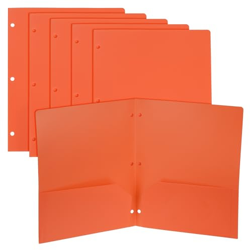 PATIKIL 6 Pcs Dossiers Plastique À Deux Poches, Perforés 3 Trous Dossiers Robustes Et Durables, Diviseur D'index Taille Lettre Avec Fente Pour Carte De Visite Pour Bureau Maison, Orange