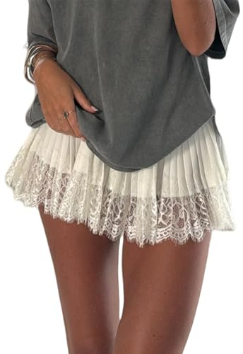 Sunloudy Women Lace Half Slip Skirt Elastic Low Waist Ruffle Pleated Underskirt Layered Flowy Mini Short Streetwear (White, S)