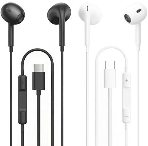 2 Pack Écouteurs Filaires USB-C pour iPhone 17/17 Pro/16/15 Pro Max, Écouteurs Intra-Auriculaires Hi-Fi Stéréo USB C avec Microphone et Contrôle du Volume pour iPad Pro, Galaxy S24/S23, Google Pixel