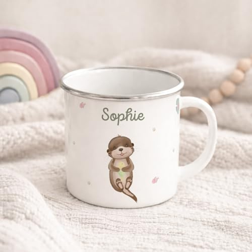 hellomini Personalisierte Emaille Tasse für Kinder, Kindertasse mit Wunschmotiv, Kinderbecher mit Namen, Geschenk zum Geburtstag für Mädchen und Jungs, (Otter)