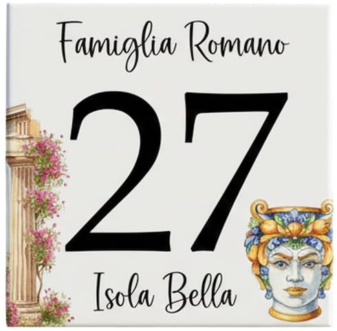 Numero Civico in Ceramica Personalizzabile Con la tua Regione Italiana, Targa Decorativa su Mattonella 11x11cm, con Indirizzo e Nome Famiglia, Made in Italy,Regioni Italiane (Sicilia)