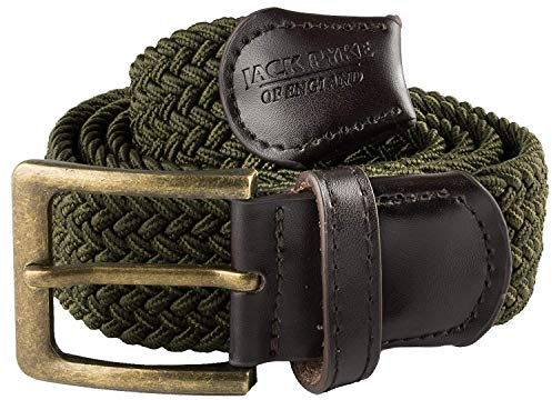 JACK PYKE Countryman Elasticated Belt for Men, Woven Stretch Belt with Leather Ends, Adjustable Up to 54in Waist, Ideal for Countrywear, Hiking, Shooting and Daily Use - Green