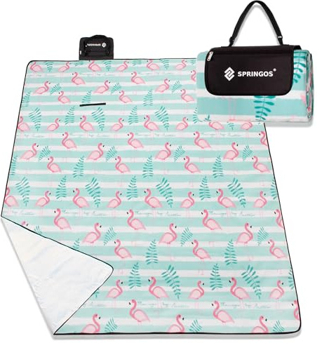 SPRINGOS Picknickdecke 200 x 200 cm Flamingos Tragegurt mit Reißverschlusstasche Matte Sitzunterlage Outdoor Autodecke Strandtuch