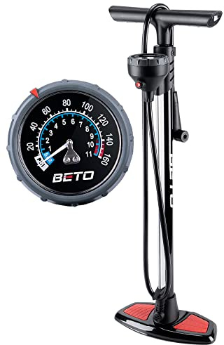 Beto Bike Pump Portable - Bicycle Floor Pump with Industrial Top-Mounted Gauge & Air Bleed Button - Presta Schrader Valve Universal, Steel Tube 160 Psi Max