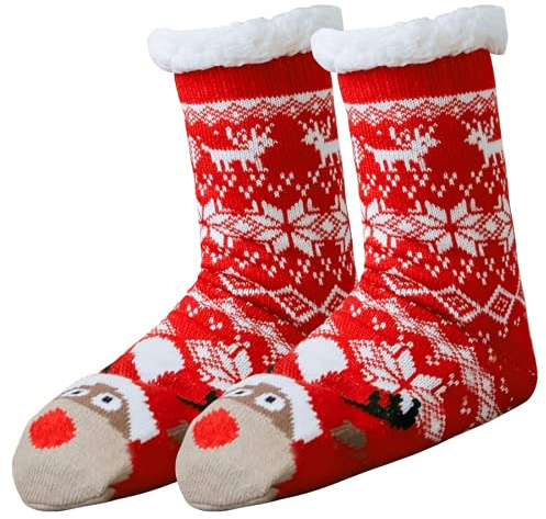 Wishstar Calzino di Natale, Calze Pantofole Donna, Calzini Caldi Antiscivolo, Regalo di Natale Perfetto per Fidanzata Madre Figlia (Alce-Rosso)