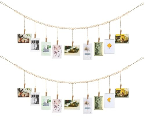 Jetec 2 Pieces Photo String with Clips, 4 Ft Boho Wooden Bead Garland Photo Display Frame for Dorm Room Bedroom Classroom Cubicle Decor, Hanging Picture Holder, Teacher Nurse Appreciation Gifts
