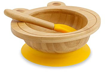 BIOZOYG Set con ciotola di bambù Rana I Ciotola con base a ventosa e cucchiaio - certificato FSC I Splendida scodella in legno di bambù per bambini - ciotola da pappa e muesli rotonda giallo