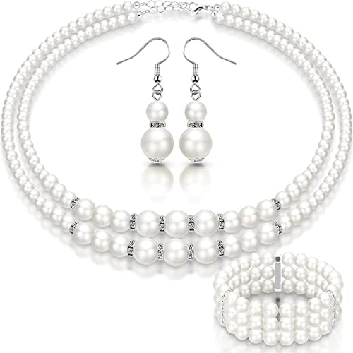 Faux Pearls Jewelry Set 1920s Pearls Necklace and Earring Set Pearl Bracelet Pearl Jewellery Sets for Women Ring Bracelet and Stud Earrings 1920s Accessories for Women Wedding Birthday Gift