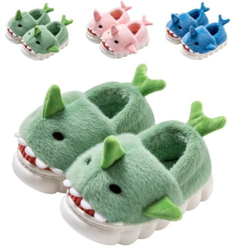 DRECAGE Zapatillas de Estar por Casa para Niñas Niños Pantuflas de Invierno Peluche Antideslizante Zapatillas de Interior de Tiburón Dibujos verde 30-31