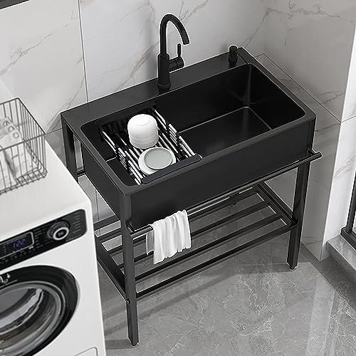 Freistehende Edelstahl Spülbecken Schwarz, Mobiles Außenbereich Spültisch Mit Ständer, Spüle Mit Armatur, Praktisches Handwaschbecken Und Aufbewahrungsregal, Für Wäsche Hinterhof Garage Outdoor ( Size