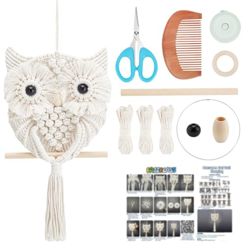 FREEBLOSS Makramee Eule Kit für Anfänger, Makramee Wandbehang Kit, DIY Makramee Kit mit Video Tutorial Makramee Hängedekor für Erwachsene Geschenk, natürlich weiß