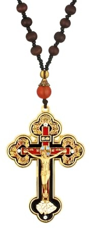 18K Yellow Gold Orthodox Prayer Rope Necklace, Crucifix Jesus Cross Pendant Necklace, Wooden Rosary Beaded Chain Necklace for Men Women Christian Religious Prayer Jewelry Bracelet anglican prayer