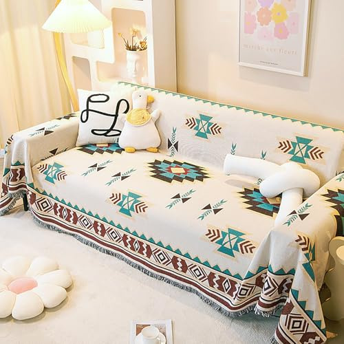VANJOROY Aztec Navajo Sofa Large Throw Blanket for 2 3 Seater Settees,100% Handwoven Cotton Tribal Ethnic Bohemian Armchair Throw for Couch Sofa and Bed-230×250cm