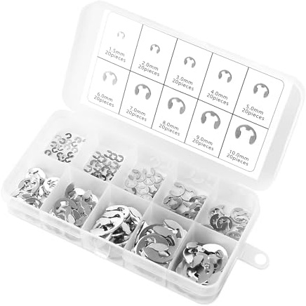 UKOFEW 200 Stück E-Clips Sicherungsringe,10 Verschiedene Größen Edelstahl Externe Sicherungsring,Sicherungsscheiben Sortiment E-Clips mit Box für Befestigen Lagern Zahnrädern Riemenscheiben(Silber)
