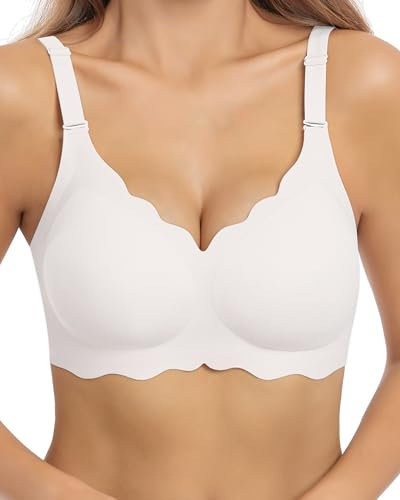 HORISUN Bras for Women No Underwire V Neck Scalloped Wireless Bralettes with Soft Support Comfort Full Coverage Seamless Bra (White,M)