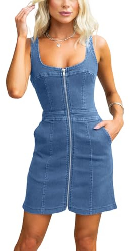 Robe d'été décontractée en Jean sans Manches avec Fermeture éclair sur Le Devant et Poches pour Femme, Noir foncé, Taille L