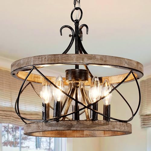 20 Farmhouse Chandelier, Rustic Drum Chandelier Light Fixture Over Table, 5-Light Pendent Light for Dining Room Vintage Wood Chandelier for Bedroom Hanging Lamp for Kitchen