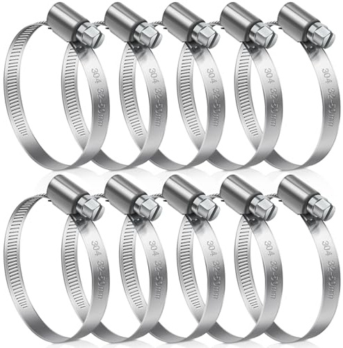 JatilEr 32-50 mm Hose Clips, 10 Pcs Pipe Clips 304 Stainless Steel | Adjustable Hose Clamps, Pipe Clamps Metal for Securing Hoses or Tubing for Vent Ducts Drain Pipe Water Supply Piping