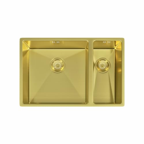 Möckeln | 1.5 Bowl Stainless Steel Kitchen Sink | Inset or Undermounted | Strainer Wastes Supplied | Copper Finish - 555mm x 440mm x 200mm (Brushed Brass)