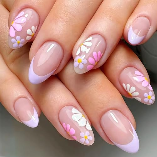 Cosmeria 24Pcs Press on Nails with Colorful Daisy Flowers, Short Almond Fake Nails, Nails Set with Jelly Glue, Wooden Stick & Nail File for DIY Manicure