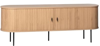 KLAST Meuble TV 150 en Bois Couleur Naturelle, Design Arrondi, Portes Coulissantes Style Persienne et Grand Espace de Rangement. Dimensions : 150 cm x 55 cm.