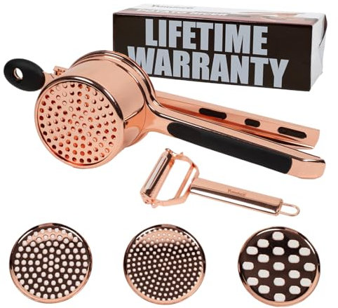 YumRico Potato Ricer 15 oz - Large Rosegold Potato Ricer Stainless Steel & Mashed Potatoes Tool - Stainless Steel Mashed Potato Masher with 3 Interchangeable Disc - Masher Kitchen Gadgets