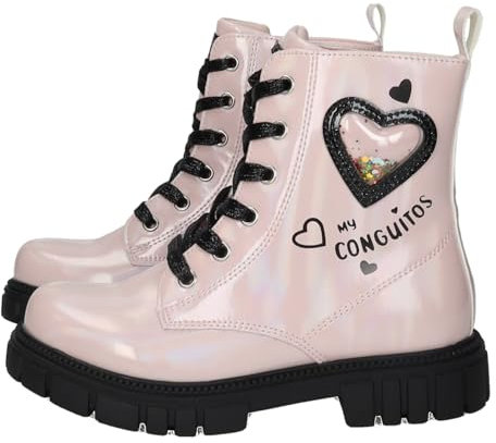 Conguitos COSH244005 Botas niña detalles de corazones en charol, cremallera lateral y suela gruesa antideslizante, estilo casual, cómodas y divertidas NIÑA BOTAS-BOTINES ROSA 28